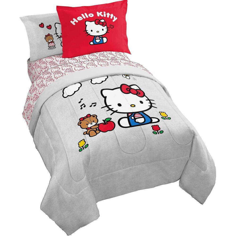 NEW Franco Sanrio Hello Kitty  5 Pc Twin  Bedding Comforter & Sheet Set Gray Red